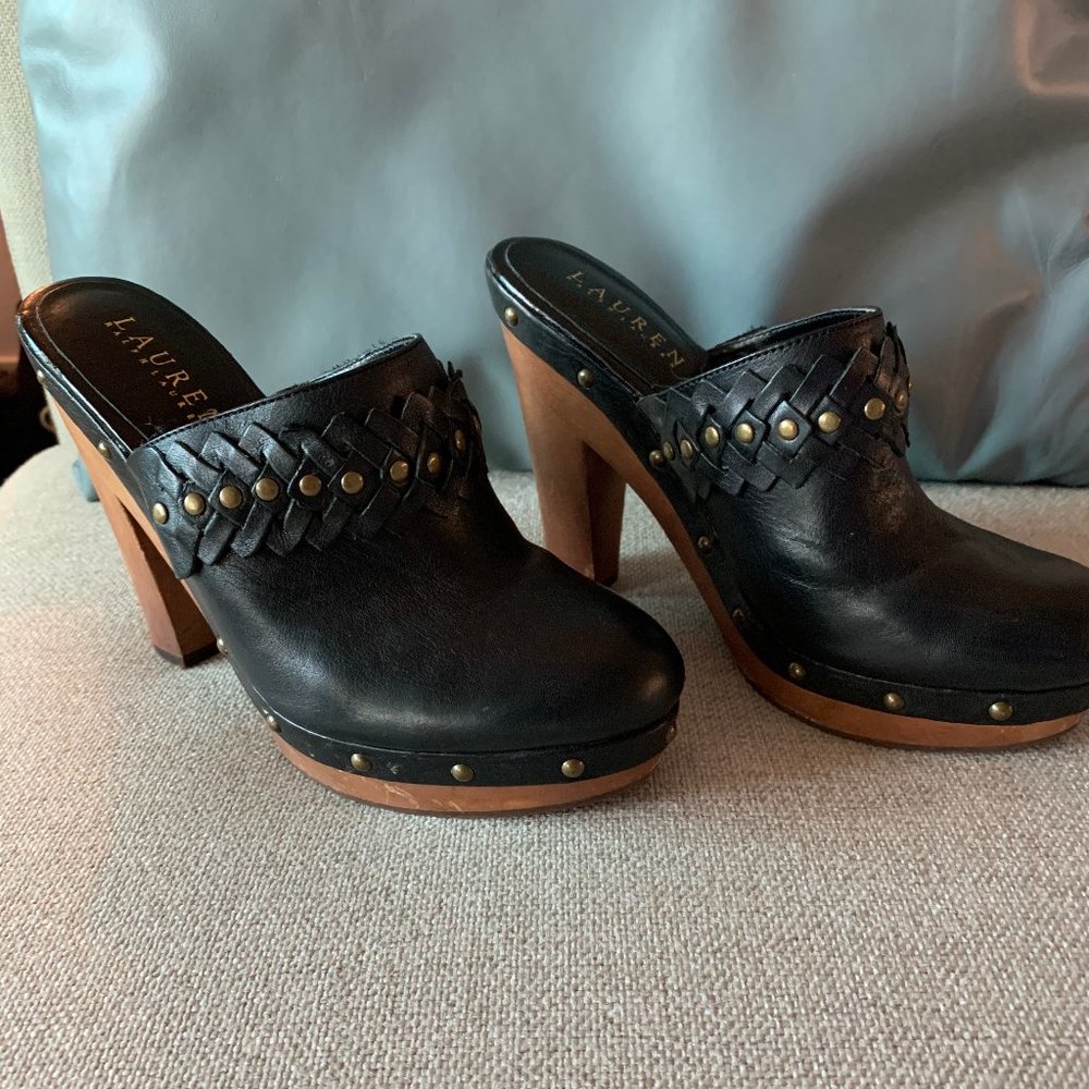 Ralph Lauren Black Leather Slip Studded Mule 7.5M